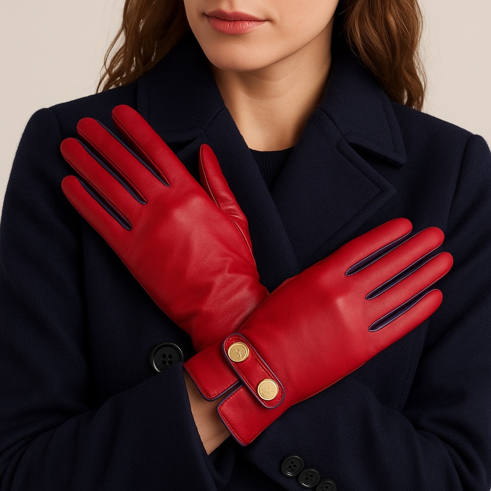 TED BAKER LONDON Red/Purple Gold Button Chupa Leather Gloves Size S/M Holiday